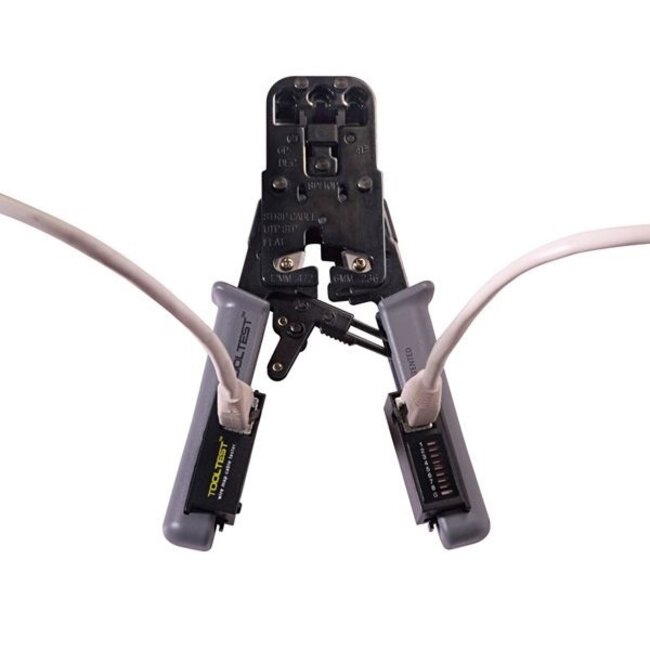 Professionele 2-in-1 kabeltester en krimptang met ratelmechanisme voor RJ10, RJ11, RJ12 en RJ45 connectoren / metaal