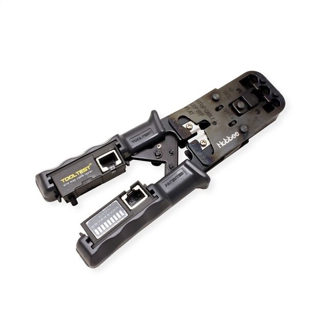 Professionele 2-in-1 kabeltester en krimptang met ratelmechanisme voor RJ10, RJ11, RJ12 en RJ45 connectoren / metaal