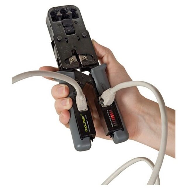 Professionele 2-in-1 kabeltester en krimptang met ratelmechanisme voor RJ10, RJ11, RJ12 en RJ45 connectoren / metaal