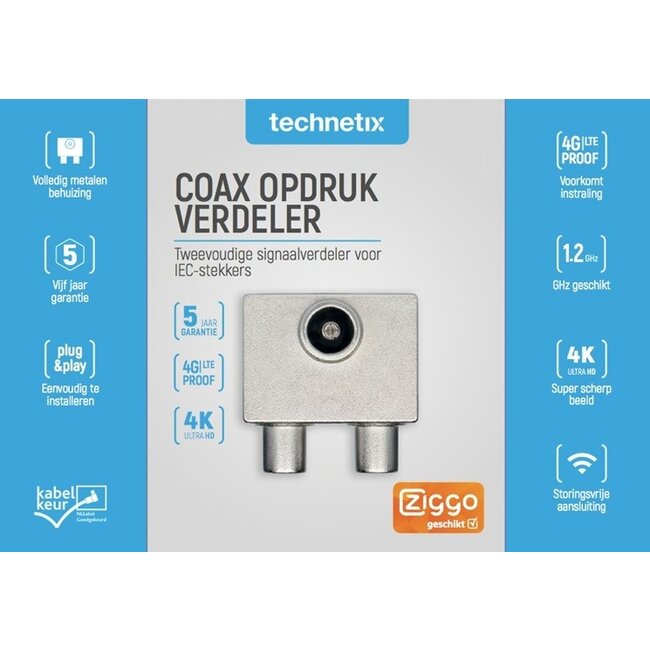 Technetix TV splitter PTSX-02 met 2 uitgangen - 3,8 dB / 5-1218 MHz