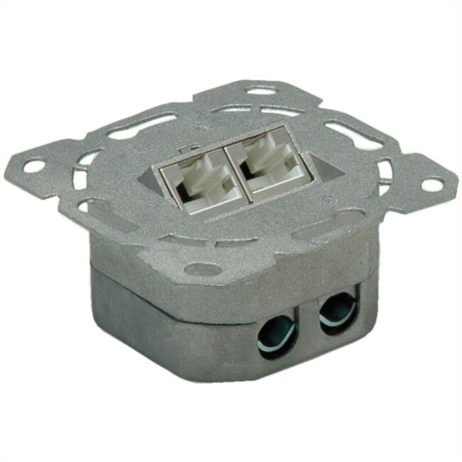 CAT6a Gigabit netwerk inbouw wandcontactdoos met afdekplaat en 2 RJ45 poorten - afgeschermd - verticale doorvoer / wit