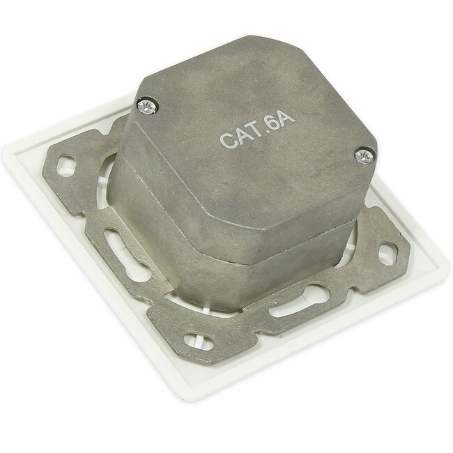Premium CAT6a Gigabit netwerk inbouw wandcontactdoos met afdekplaat en 2 RJ45 poorten - afgeschermd / ivoor