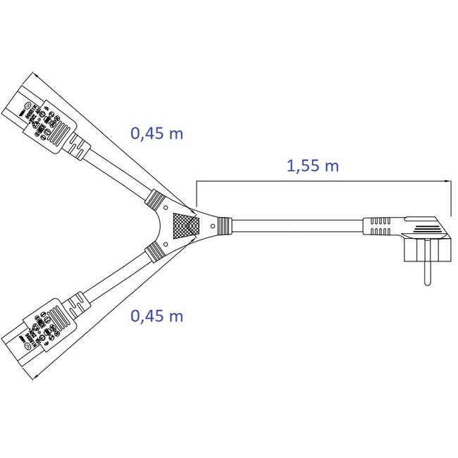 2x C13 - CEE 7/7 (haaks) Y-stroomkabel - 1,55m + 2x 0,45m - 3x 1,00mm / zwart - 2 meter