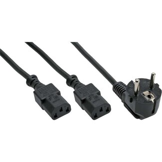 DINIC 2x C13 - CEE 7/7 (haaks) Y-stroomkabel - 1,20m + 2x 0,80m - 3x 1,00mm / zwart - 2 meter