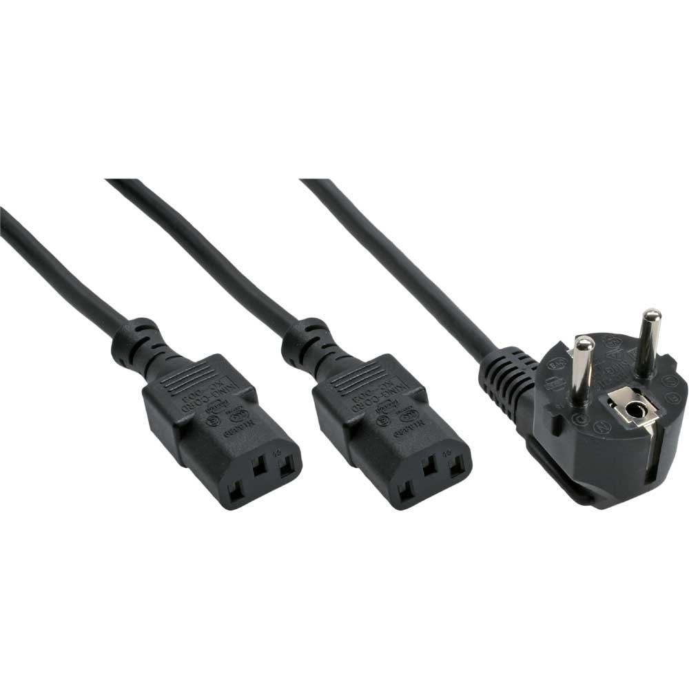 InLine Apparaat Y-snoer met 2 rechte C13 pluggen en haakse stekker - 3x 1,00mm / zwart - 3 meter