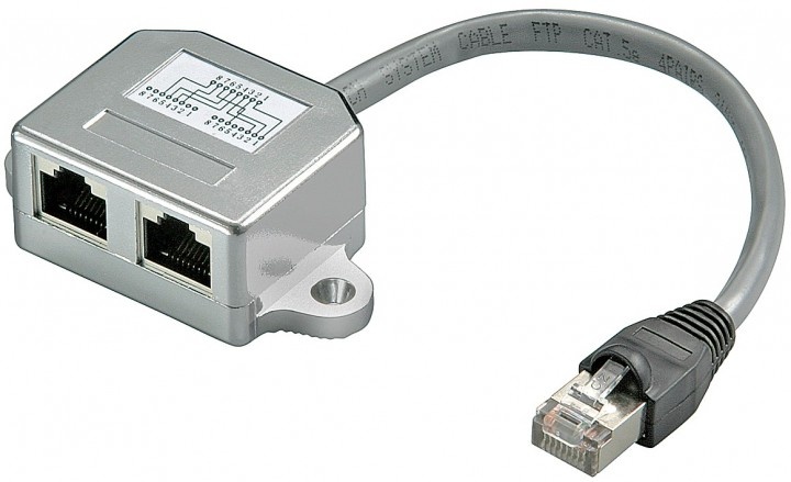 Goobay CAT T-Adapter 1x 10/100 BaseT 1x ISDN. Snoerlengte: 0,15 m, Aansluiting 1: RJ-45, Aansluiting 2: 2 x RJ-45