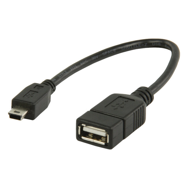 USB Mini B (m) naar USB-A (v) OTG adapter - USB2.0 - tot 2A / zwart - 0,20 meter