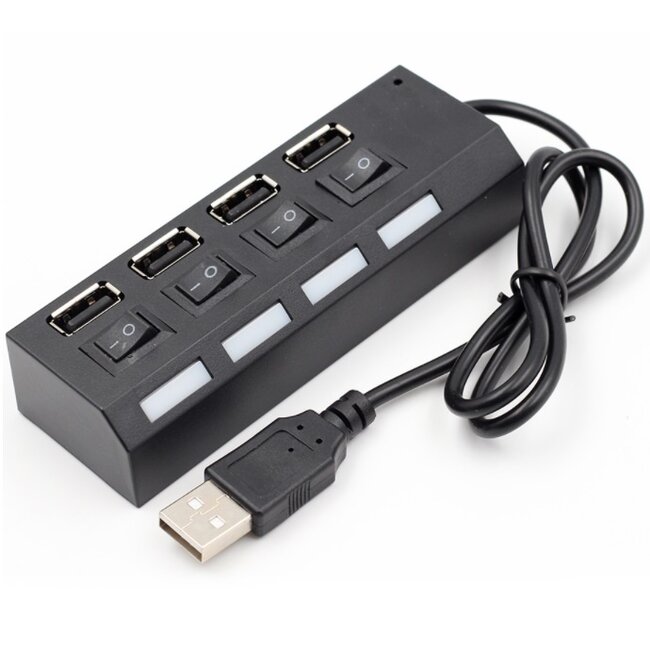 USB hub met 4 poorten en aan/uit schakelaars - USB2.0 - busgevoed / zwart - 0,40 meter