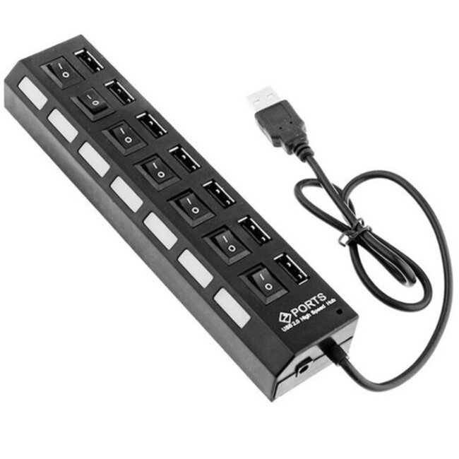 USB hub met 7 poorten en aan/uit schakelaars - USB2.0 - busgevoed / zwart - 0,40 meter