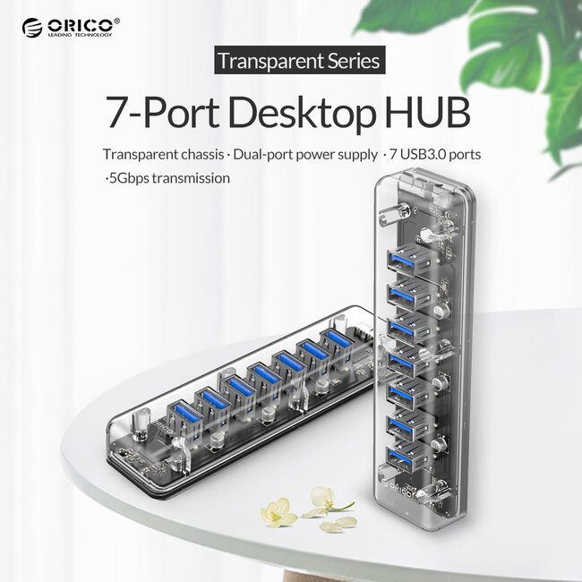 Orico USB hub met 7 poorten - USB3.0 - busgevoed / transparant - 1 meter