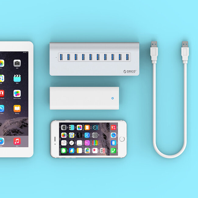 Orico desktop USB hub met 10 poorten - USB3.0 - externe 12V voeding / aluminium - 1 meter