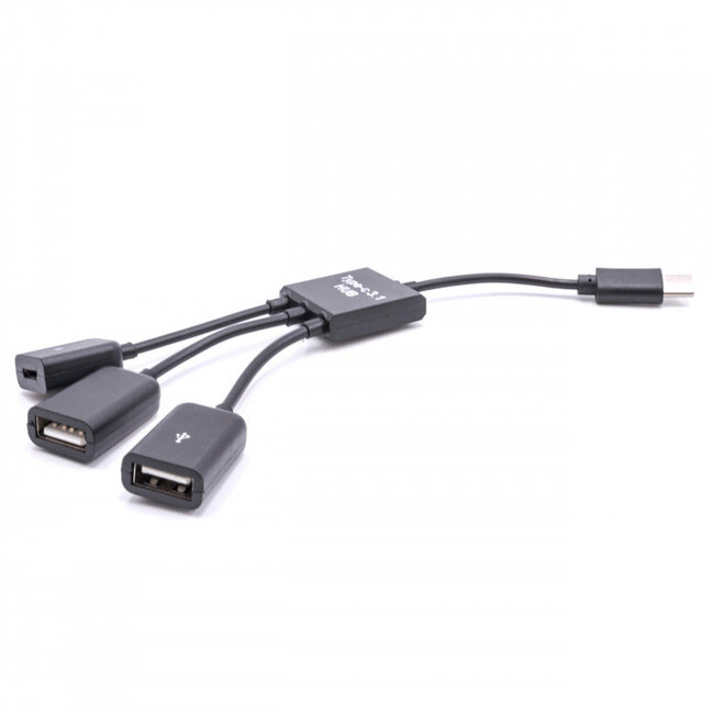 USB-C hub met 2 USB-A + 1 USB Micro B poorten - busgevoed - USB2.0 / zwart - 0,15 meter