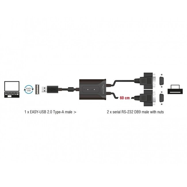Easy-USB-A (m) naar 2x 9-pins SUB-D met moeren (m) seriële RS232 adapter / ASIX chip - 0,60 meter