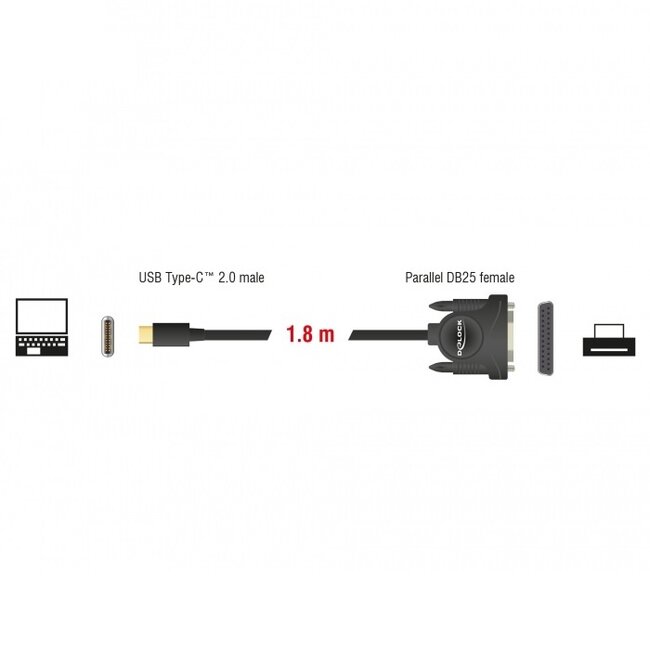 USB-C (m) naar 25-pins SUB-D met schroeven (m) IEEE1284 parallelle printerkabel / Prolific PL2305 chip - 1,8 meter