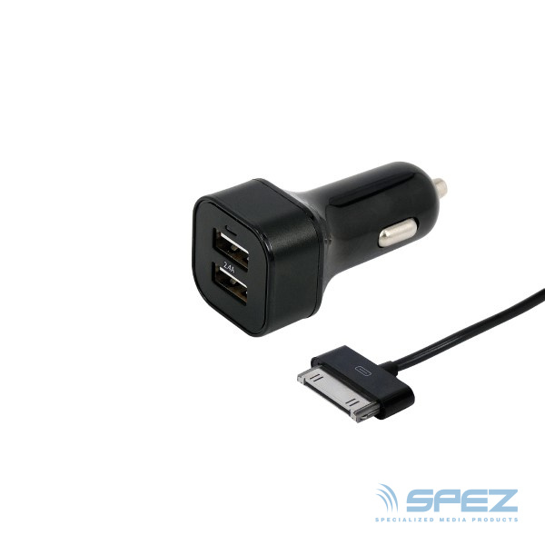 Spez Dubbele USB autolader met losse 30-pins kabel - compatibel met Apple - 0,80 meter