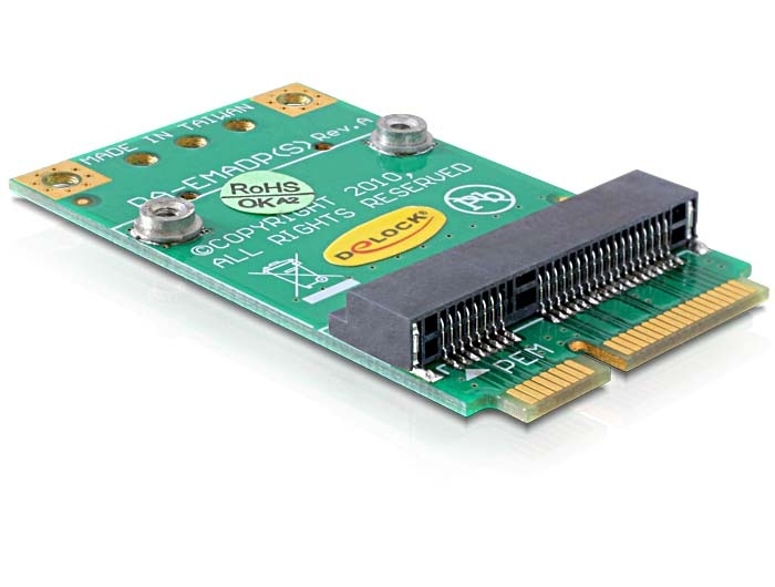 DeLOCK MiniPCIe Half/Full. Kleur van het product: Zwart, Groen. Breedte: 51 mm, Diepte: 30 mm, Hoogte: 5 mm. Connectiviteitstechnologie: Bedraad