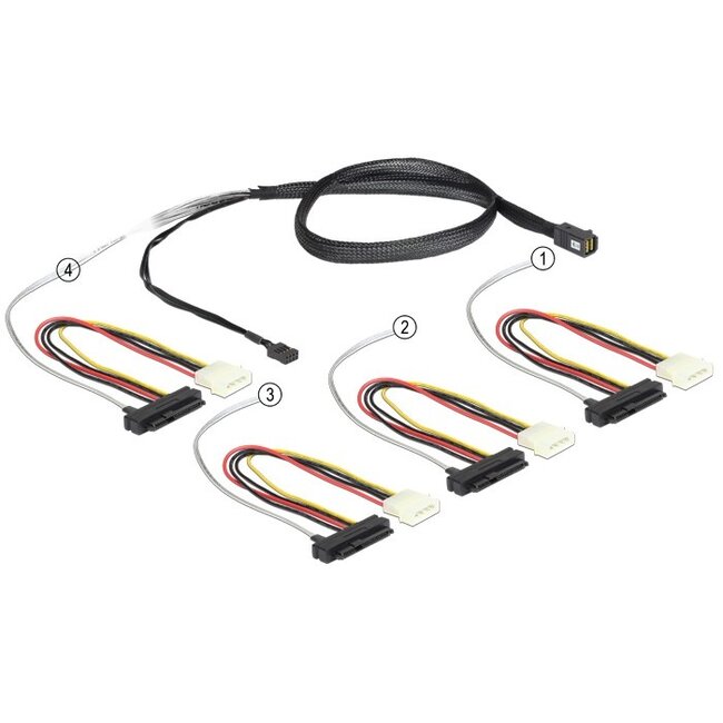Mini-SAS HD SFF-8643 > 4x SAS SFF-8482 + 4x Molex met sideband - 1 meter
