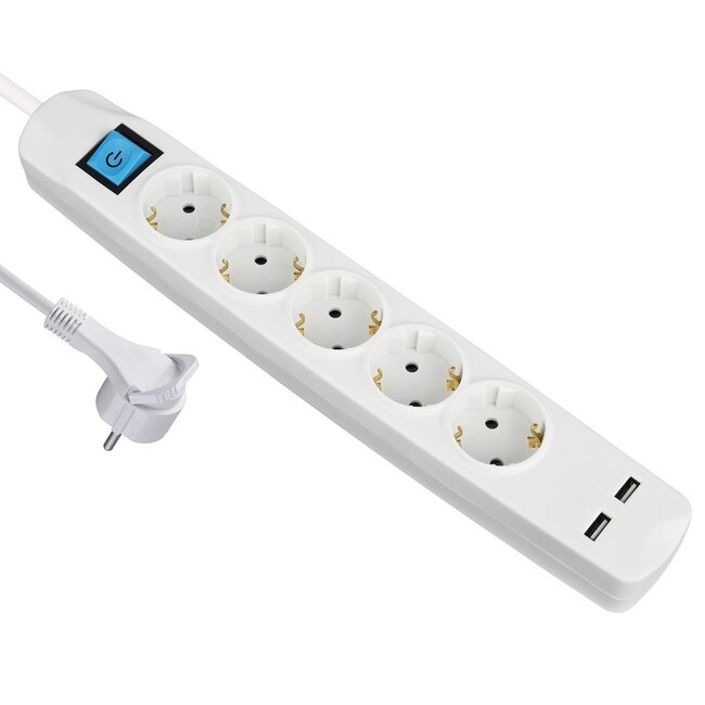 MaxTrack stekkerdoos met 5 contacten en 2x USB / wit - 1,5 meter