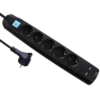 MaxTrack MaxTrack stekkerdoos met 5 contacten en 2x USB / zwart - 1,5 meter