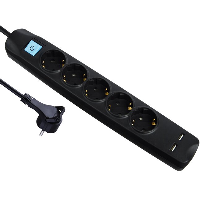 MaxTrack stekkerdoos met 5 contacten en 2x USB / zwart - 1,5 meter