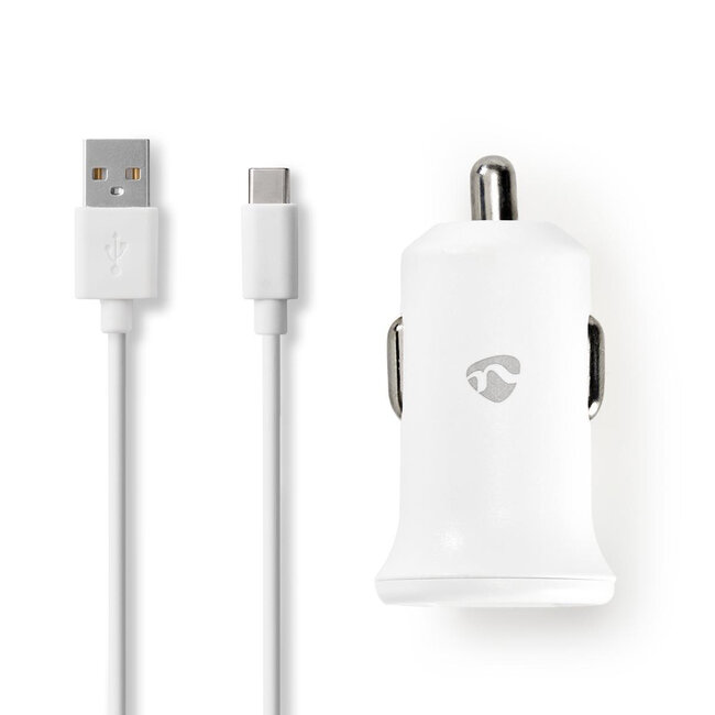 Nedis USB-A autolader met 1 poort en losse USB-C kabel - 2,4A / wit - 1 meter