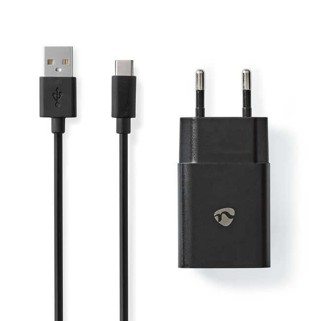 Nedis USB-A thuislader met 1 poort en losse USB-C kabel - 2,4A / zwart - 1 meter