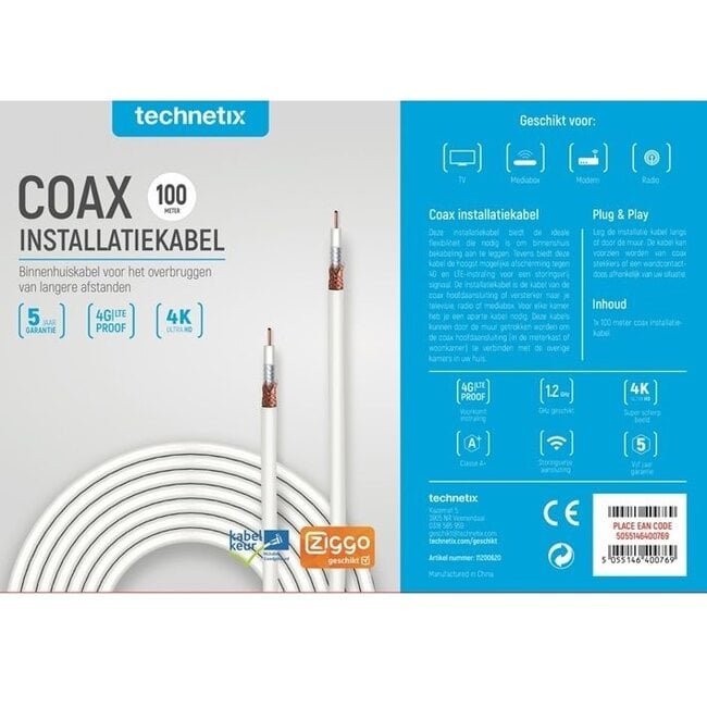 Technetix COAXIH 4G/LTE proof coaxkabel in doos / wit - 100 meter
