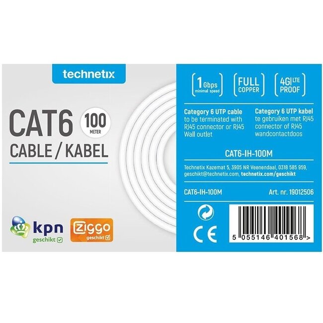 Technetix CAT6-IH U/UTP Gigabit netwerkkabel met vaste aders / wit - 100 meter