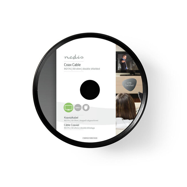 Nedis RG174 50 Ohm coaxkabel op haspel voor binnen / zwart - 100 meter