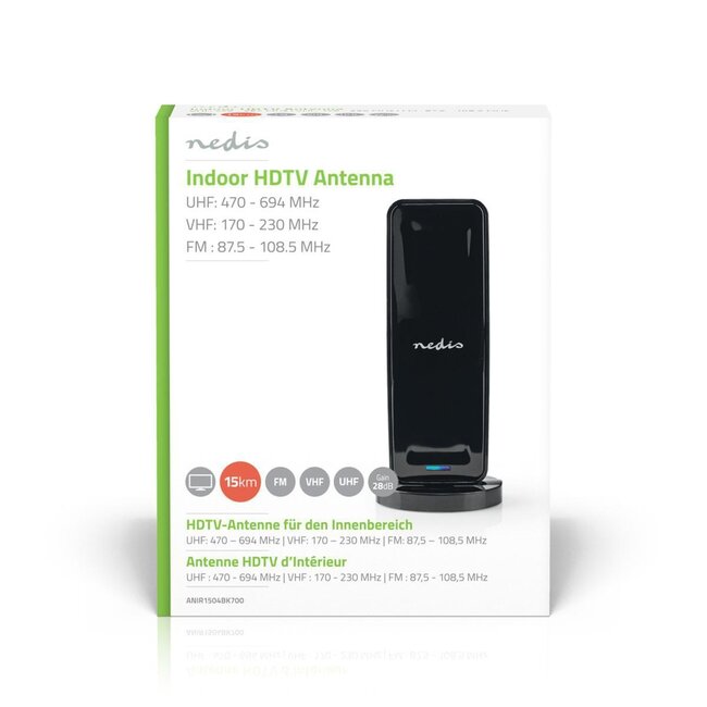 Nedis FM/UHF/VHF DVB-T/T2 DAB+ HDTV antenne voor binnen - actief - 26 dB - LTE700 filter / zwart - 1,5 meter