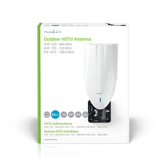 Nedis FM/UHF/VHF DVB-T/T2 DAB+ HDTV antenne voor buiten - actief - 40 dB - LTE700 filter / wit