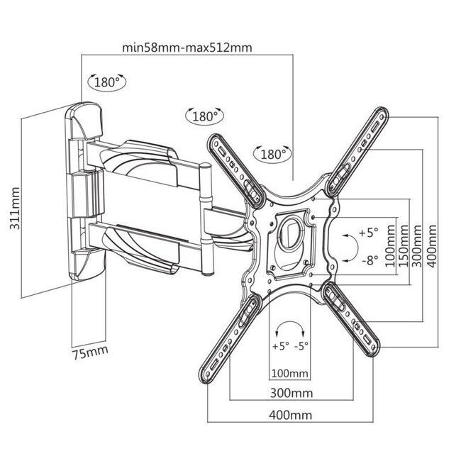 Cavus Full Motion muurbeugel voor schermen tot 55 inch / 3 draaipunten