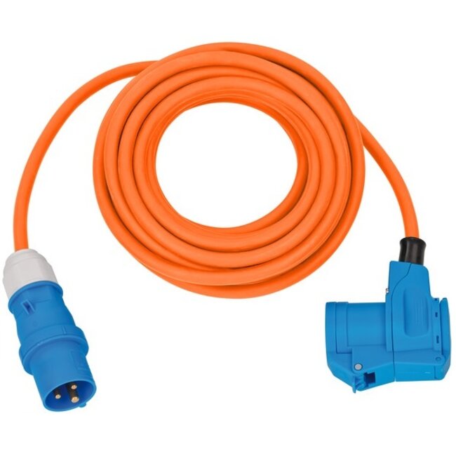 Camping stroom kabel CEE 3-pins (m) - CEE 3-pins (v) + Schuko CEE 7/3 (v) - 3x 2,50mm / oranje - 10 meter