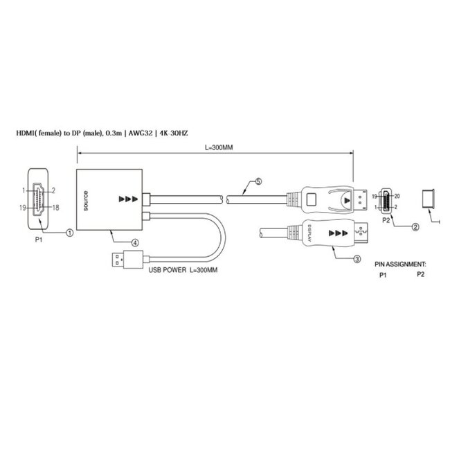 HDMI (v) naar DisplayPort (m) actieve adapter - HDMI 1.4 / DP 1.2 (4K 30Hz) - voeding via USB-A (m) / zwart - 0,30 meter