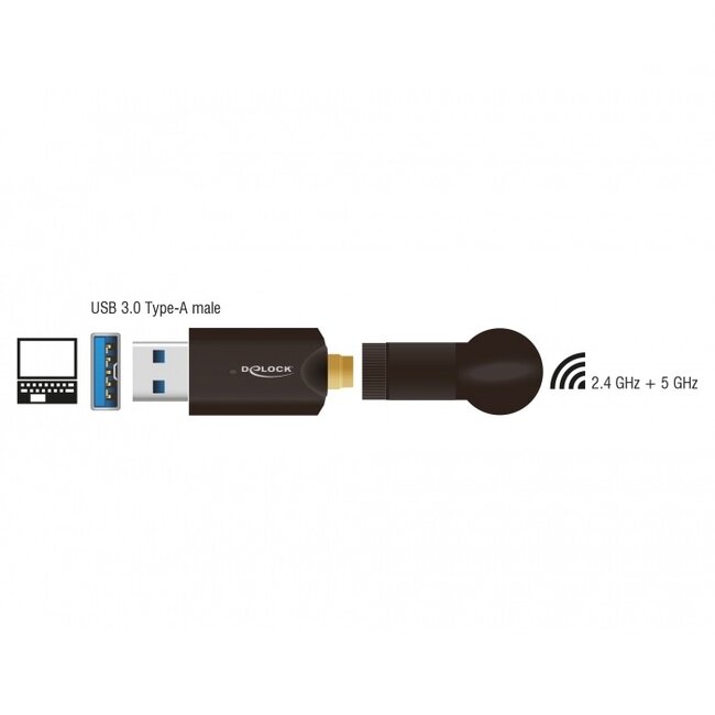 DeLOCK USB-A - WLAN / Wi-Fi dongle met externe antenne - Dual Band AC1200 / 1200 Mbps