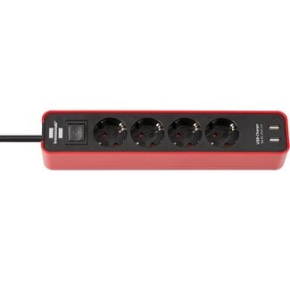 Brennenstuhl Brennenstuhl Ecolor stekkerdoos met 4 contacten, 2x USB en schakelaar / zwart/rood - 1,5 meter