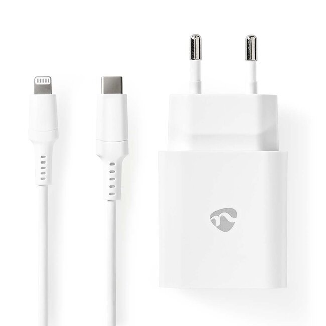 Nedis thuislader met 1 USB-C PD poort en losse 8-pins Lightning - USB-C kabel - 20W / wit - 1 meter