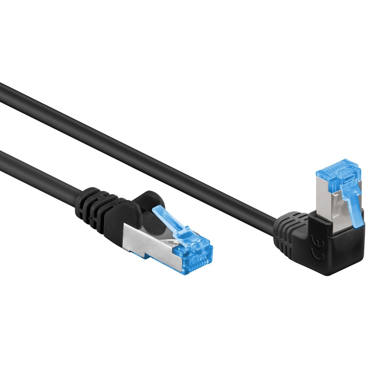 CAT 6A patchkabel 1x 90° haaks, S/FTP (PiMF), zwart
