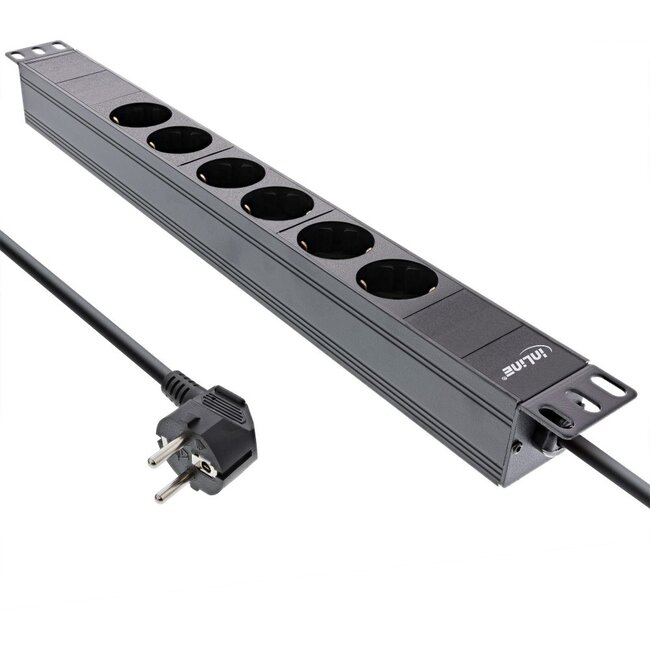 InLine 19'' stekkerdoos - CEE 7/7 - 6x CEE 7/3 - zonder schakelaar / zwart - 2 meter
