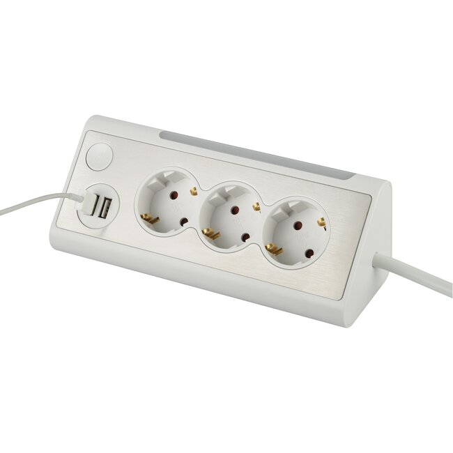 MaxTrack bureau stekkerdoos met 3 contacten en 2x USB / wit - 1,5 meter