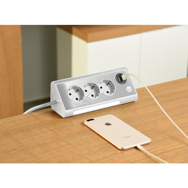 MaxTrack bureau stekkerdoos met 3 contacten en 2x USB / wit - 3 meter