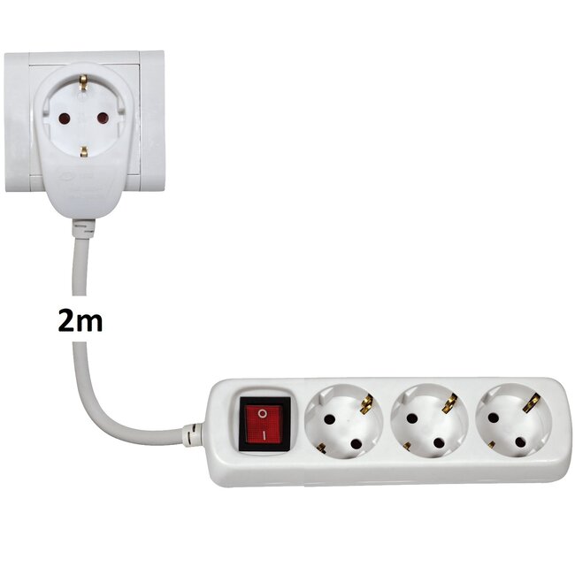 Stekkerdoos met 4 contacten (3+1) en schakelaar / wit - 2 meter