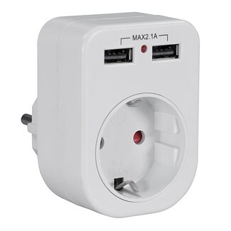 Transmedia Doorvoerstekker met USB lader - 1 contact + 2 USB-A poorten - compact - 2,1A / wit