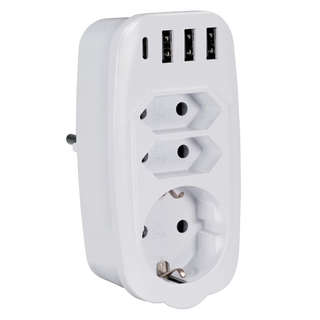 Doorvoerstekker met USB lader - 3 contacten + 4 USB-A/USB-C poorten - 3,1A / wit