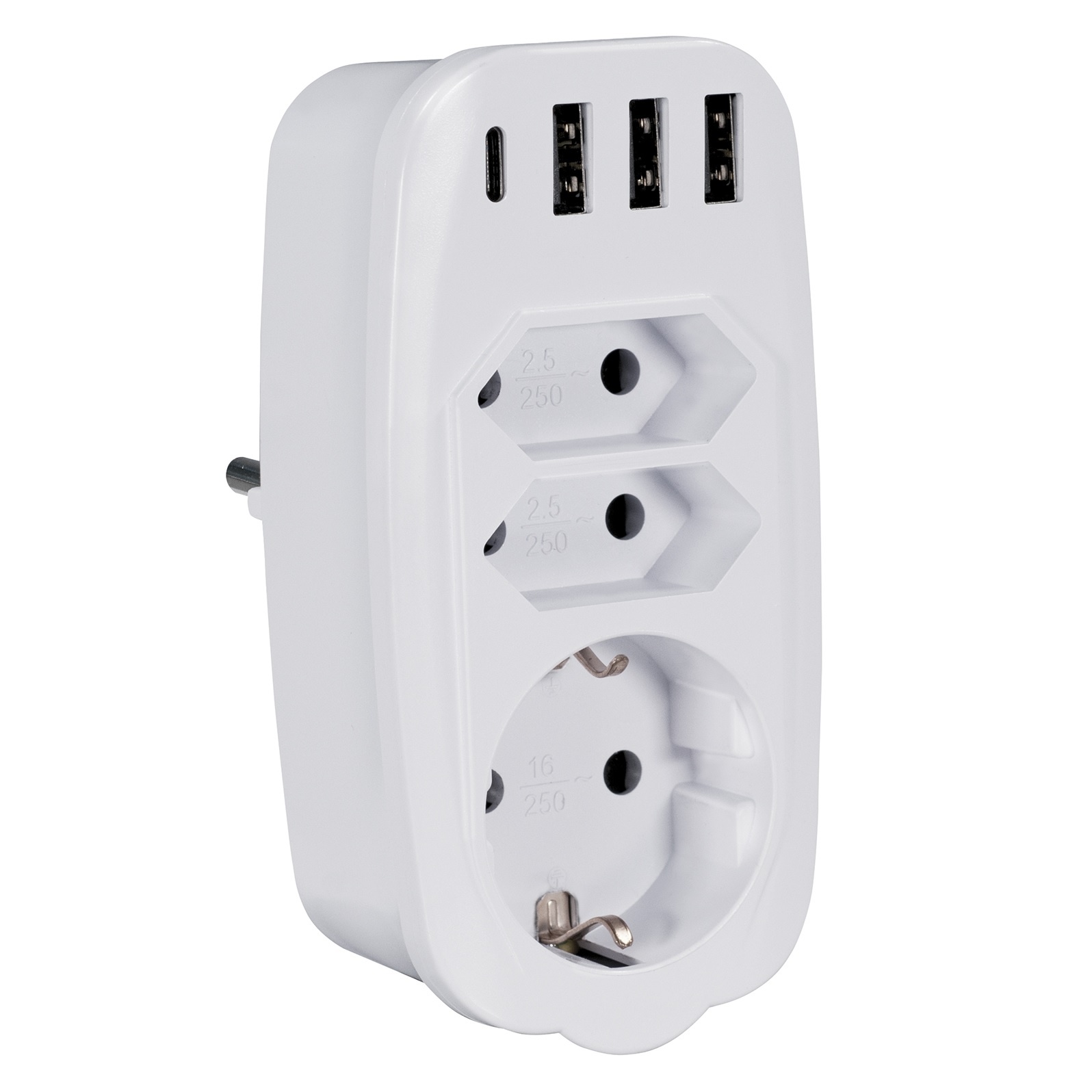 Verticale Stopcontact Splitter - 7-voudig - 1x Schuko, 2x Euro, 3x USB en 1x USB-C - Wit