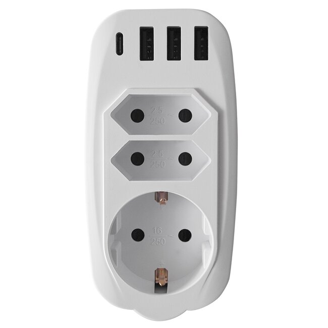 Doorvoerstekker met USB lader - 3 contacten + 4 USB-A/USB-C poorten - 3,1A / wit