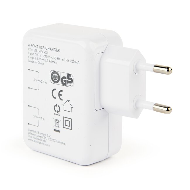 USB thuislader met 4 poorten - recht - 3,1A / wit