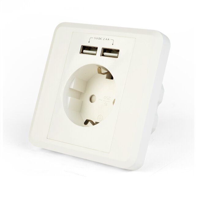 Inbouwstopcontact met 1 CEE 7/3 contact en 2 USB poorten - 2,4A / wit