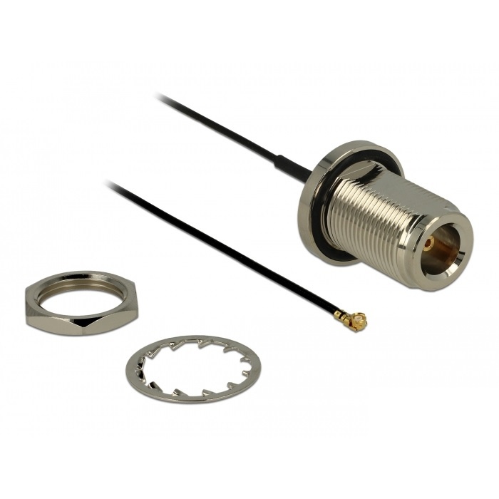 DeLOCK 0.13m N/MHF U.FL. Aansluiting 2: MHF/U.FL. Soort kabel: RF 1.37, Lengte snoer: 0,13 m, Kleur van het product: Zwart, Zilver. Type verpakking: Polybag