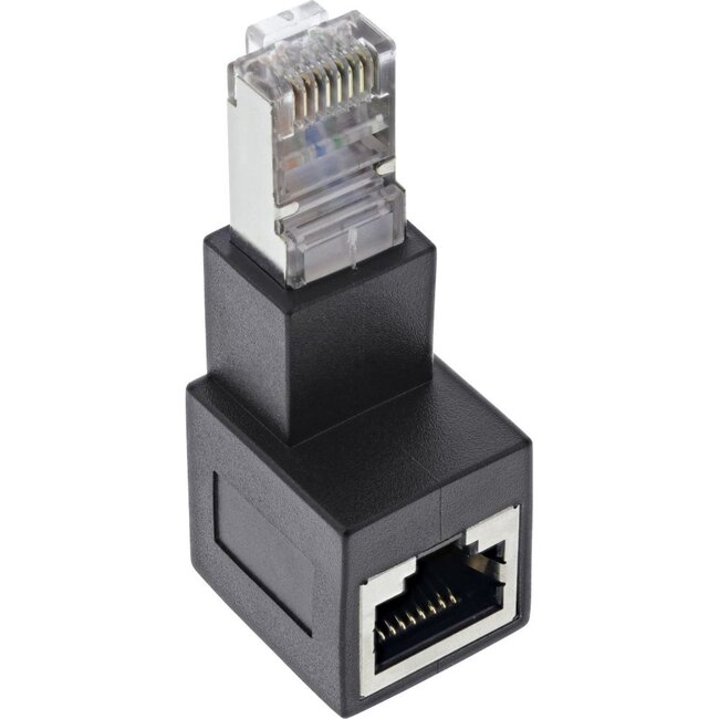 STP CAT6a 10 Gigabit RJ45 haakse adapter - haaks naar boven / zwart